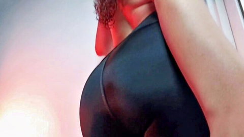 Big booty babe in tight shiny black leggings bent over huge ass cheeks spread for cock