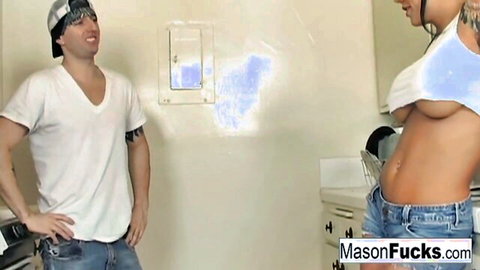 Mason Moore's huge tattooed tits exposed in wet t-shirt with stud