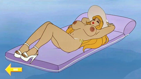 Animated blonde MILF lounging nude on pool float in sunhat and high heels