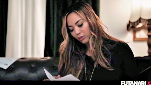 Kazumi Japanese hottie in black top reading papers intimately