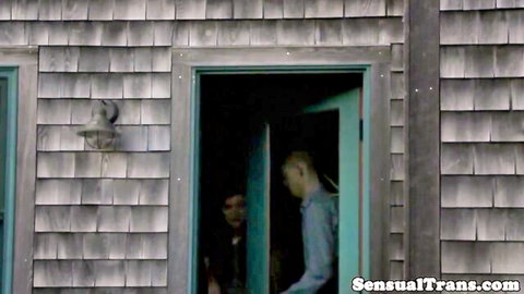 Redhead trans teen seduces older guy at door, teasing blowjob preview