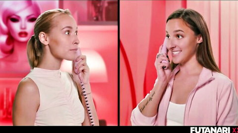 Blonde and brunette babes tease on phones in pink room for futanari fuck