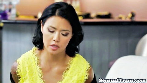Asian tgirl in yellow dress seducing church lady, lesbian kink