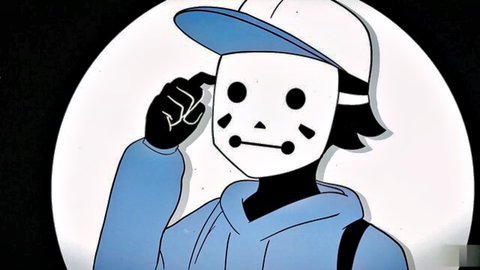Cartoon masked boy in blue hoodie and cap posing thoughtfully with hand on chin