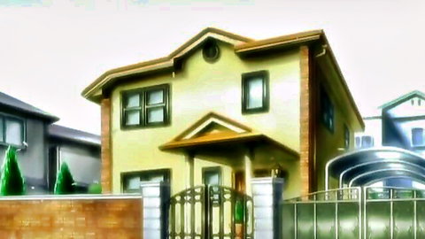 Anime-style yellow suburban house exterior in hentai taboo scene