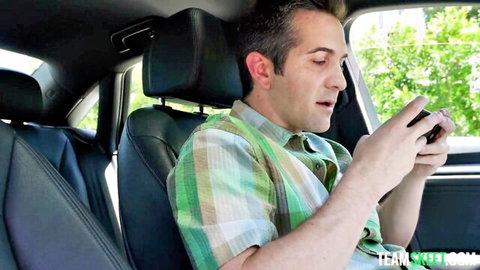 Man viewing Sunny Day skinny babe pool sex on phone in car