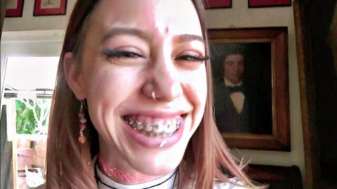 Laya Rae petite redhead stepsister smiling with braces in steamy teen proposal