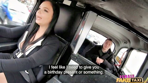 Fake Taxi scene with busty brunette passenger offering birthday present in cab