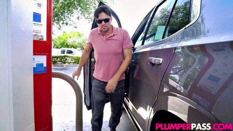 Muscular man at gas pump teases Megan's massive tits pump action