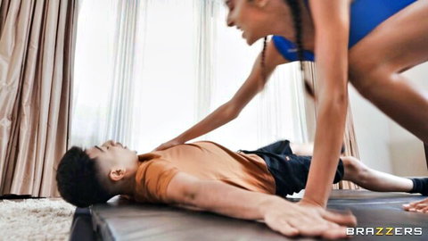 Jayla dominates fit guy in blue sports bra during intense workout session