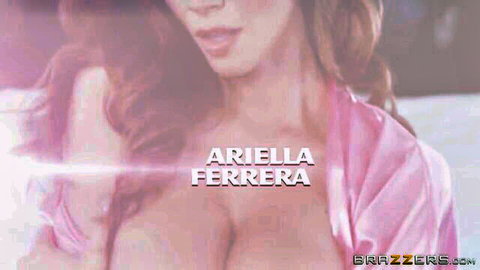 Busty brunette Ariella Ferrera teases with massive tits spilling from open pink satin robe