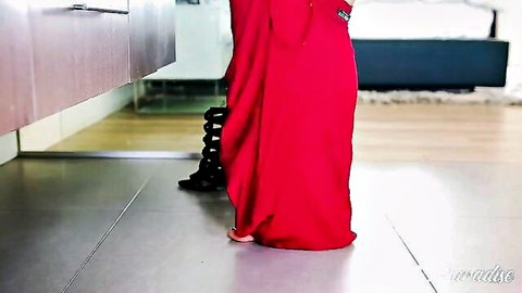 Nicole Aniston in flowing red dress teasing her massive tits