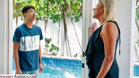 Payton Hall in black dress seduces son's young BFF by pool