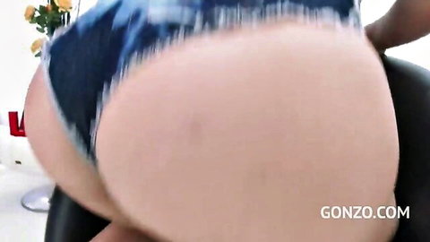 Big ass white girl in tight ripped denim shorts bending over showing juicy cheeks