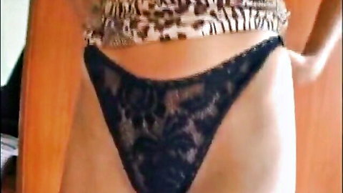 Skinny babe's sheer black lace panties revealing trimmed pussy closeup tease