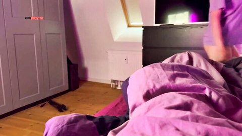 Stud buries face in babe's spread legs licking her tight wet pussy on purple bed
