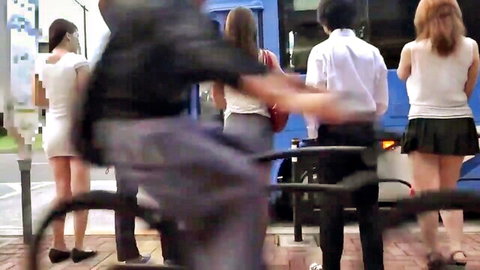 Petite Asian babes in mini skirts groped by guys at crowded bus stop