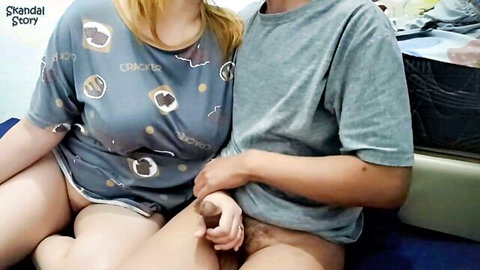 Hot Asian stepmom in pajamas stroking stepbro's cock uncensored