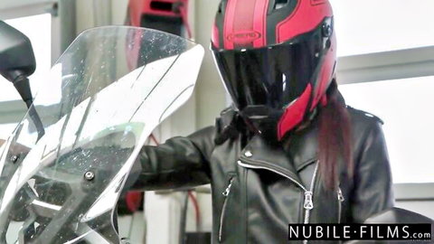 Kate Rich in red helmet and leather jacket on motorcycle, sensual tease with Kristof Cale