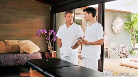 Jordi El Nino Polla in white scrubs at massage table with Alura Jenson foot fetish