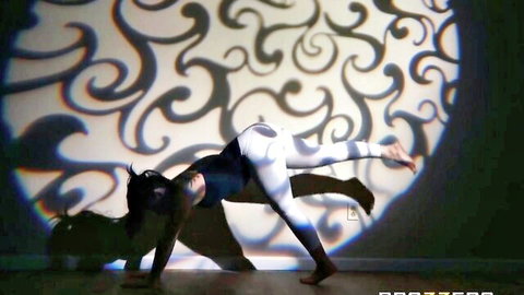 Curvy brunette yoga babe in tight white leggings showing big ass and cameltoe in arched pose