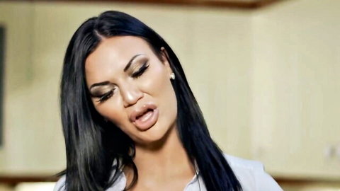 Brunette bombshell with glossy lips and tongue out teasing blowjob in kitchen