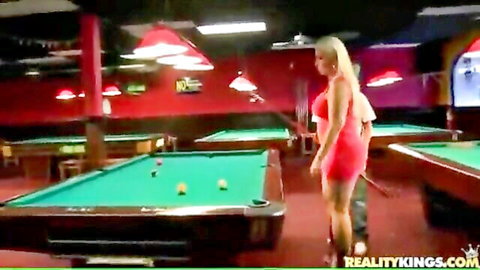 Curvy blonde in tight red dress teasing in hot pool hall hook-up