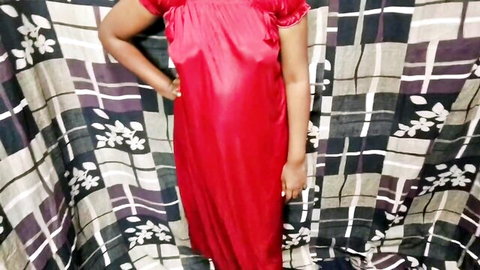 Indian stepmom in red satin nightgown, seductive pose for Desi taboo scene