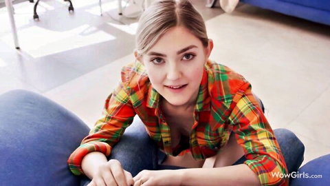 Eva Elfie blonde in open plaid shirt exposing perky tits, seductive lean