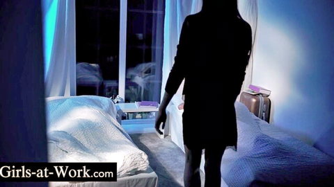 Silhouette of Russian babe in black dress teasing small ass in bedroom for DP action