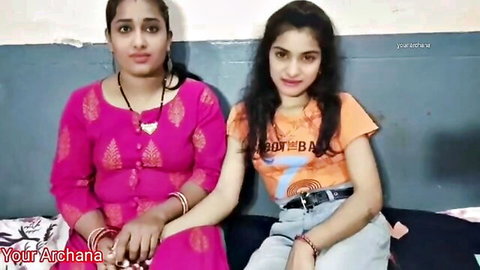 Hot Desi duo in pink salwar and orange tee posing for intense threesome action