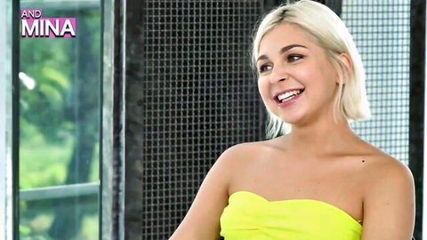 Petite blonde teen smiling in yellow strapless dress, teasing FFM rimjob threesome