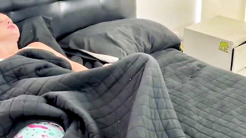 Chubby Asian step-sister-in-law in pink panties lying in bed, caught masturbating