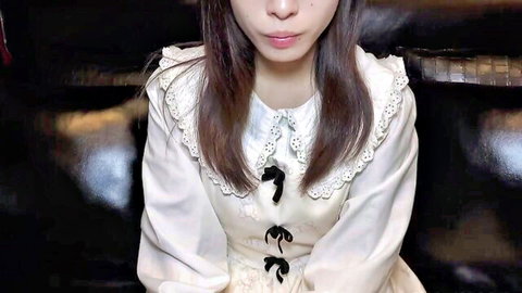 Asian amateur model in lacy white dress, long hair, seductive pose
