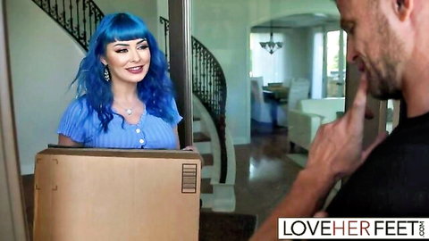 Blue-haired delivery girl with sexy feet teases at door in foot fetish scene
