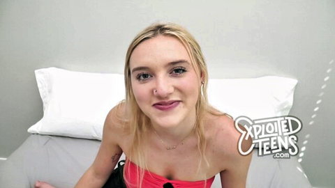 Blonde teen in red top on bed for POV fingering and fucking debut