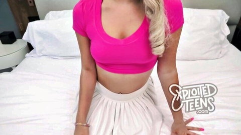 Blonde teen in pink top and white skirt teases for sloppy POV blowjob