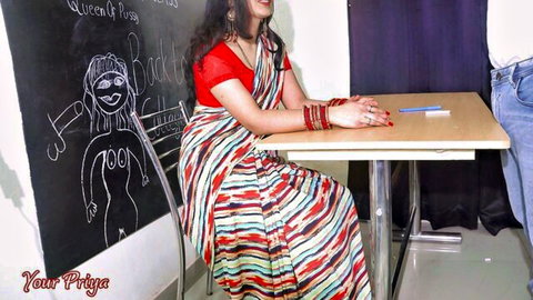 Priya in colorful saree at college desk, teasing first day fantasy
