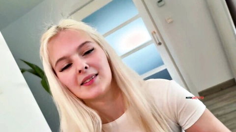 Ally03 blonde model smiling in white t-shirt, teasing for POV deepthroat