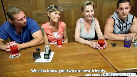 Czech best friends couples at swap party table with drinks