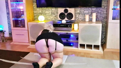 Latexhandschuhen milf in black mini dress, stockings, on all fours with big ass exposed