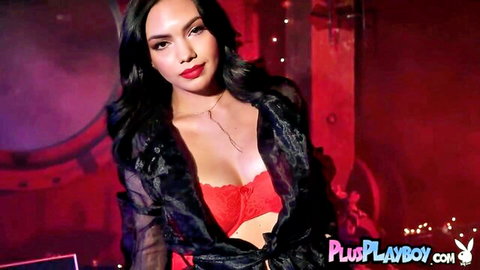 Emily Kaye in red lingerie flaunting big tits and ass sensually