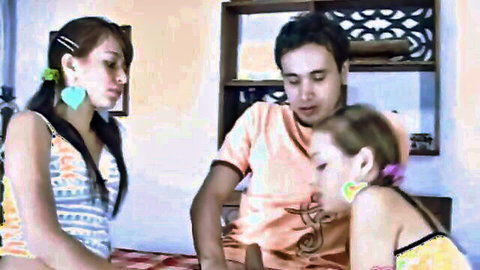 Nasty threesome with slim Asian teens sucking and fucking hard cock