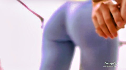 Step sister in shiny purple leggings dominates stepbro with ass grind