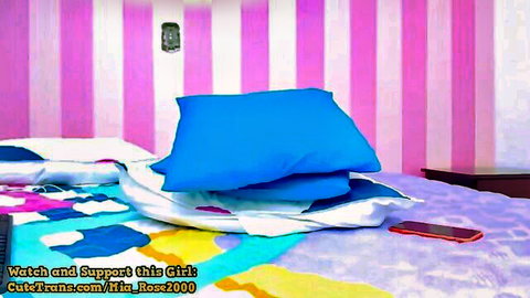 Mia Rose in pink bedroom teasing on bed, shemale support thumbnail