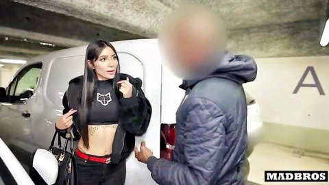 Alejandra Rico, Colombian MILF in fur jacket and crop top, with man in parking garage