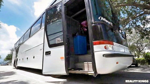 Boyfriend picked up by bus driver for hard drilling on outdoor bus adventure