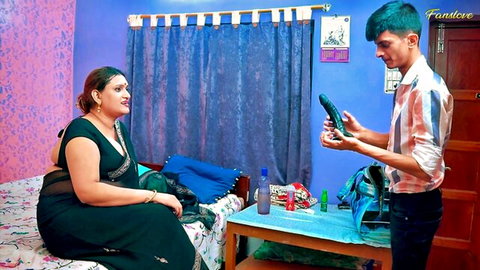 Indian stepmom with huge tits surprised by delivery boy holding dildo