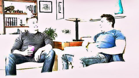 Jeremy Spreadums and Spencer Laval in casual chat, muscular gay duo relaxing