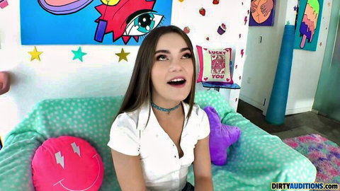 Skinny teen brunette with small tits and long hair teases smiling with open mouth in white shirt